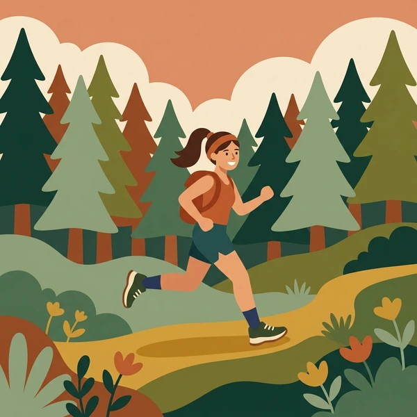 Female trail runner jogging through a dense pine forest with orange and rust autumn foliage and wildflowers on the path