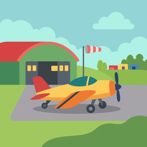 Sun yellow, charcoal, and orange trainer aircraft at an airport with terminal glass, runway pavement, or hangar buildings.