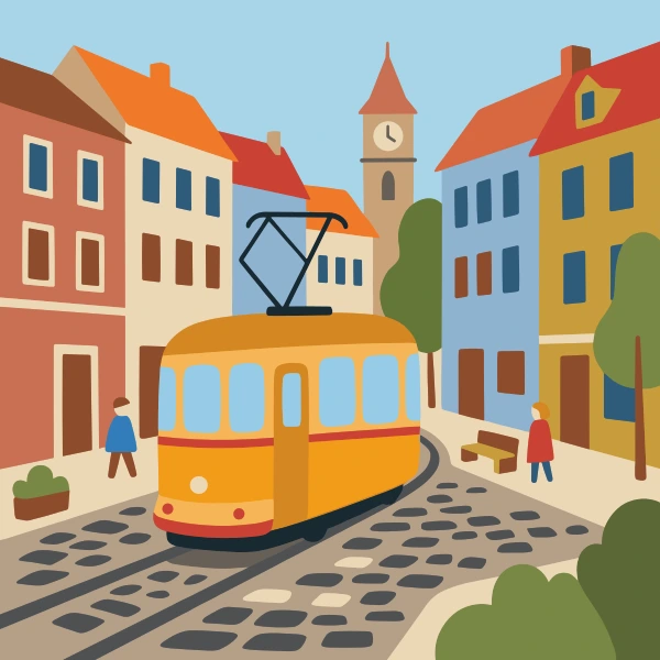 Sky blue, cream, and orange tram in front of colorful buildings, storefronts, signs, and clean pavement.