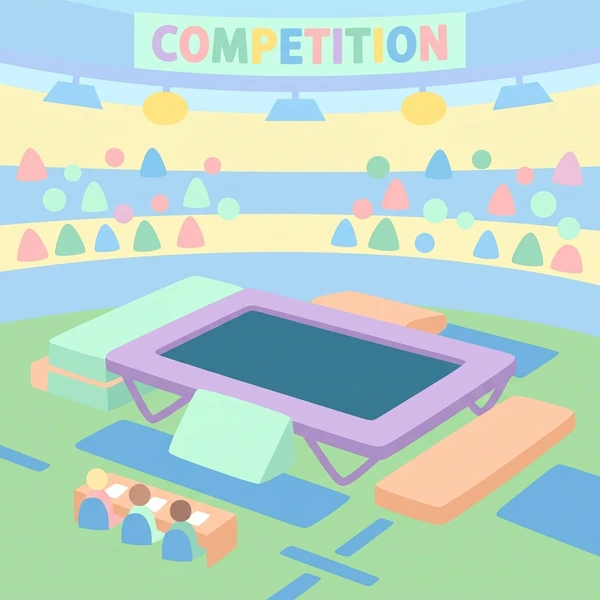 trampoline scene with 'COMPETITION' banner visible