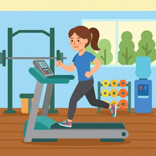 Woman running on a blue treadmill in a modern bright fitness center with green plants large windows and wood floor