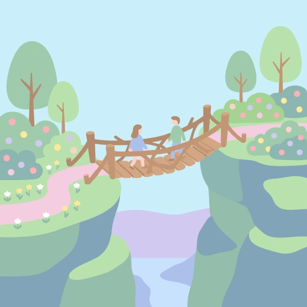 Two people crossing a rope bridge between cliffs over a waterfall in pastel colored landscape