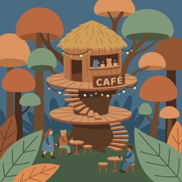 Treehouse Cafe free printable jigsaw puzzle & coloring page