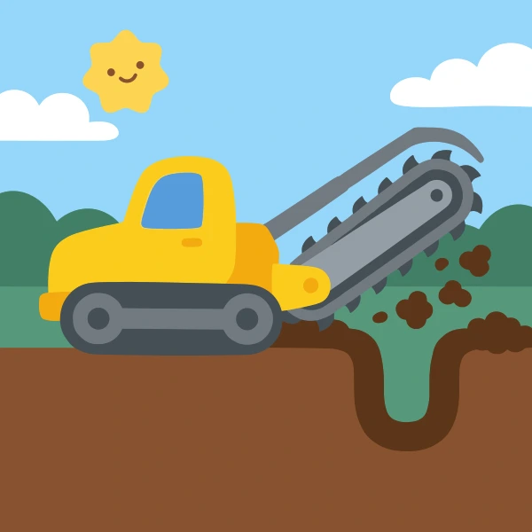 Yellow trencher on rubber tracks with a large grey saw chain arm digging a neat trench in brown soil, with dark green trees behind and a smiling cartoon sun in a blue sky.