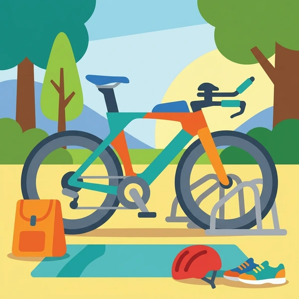 Orange and teal triathlon bicycle in a transition zone with red helmet green backpack and outdoor field setting