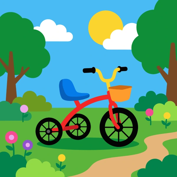 Deep blue, black, and red tricycle surrounded by white snow, blue shadows, pine trees, and cold mountains.