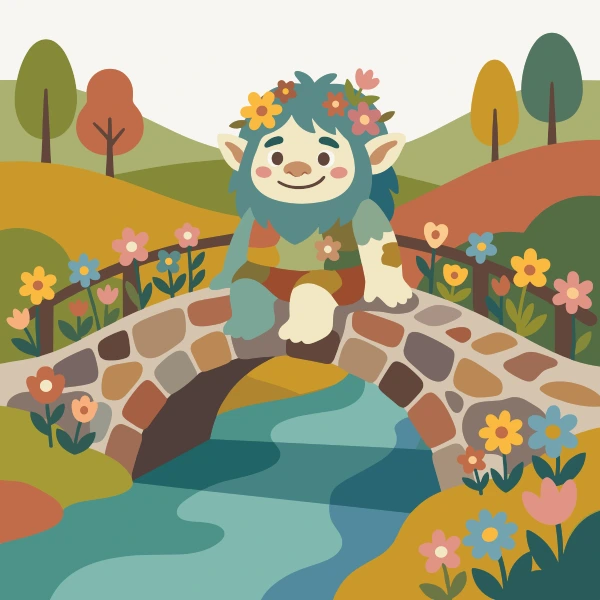 Cute blue troll wearing a flower crown standing on a stone bridge among blooming flowers