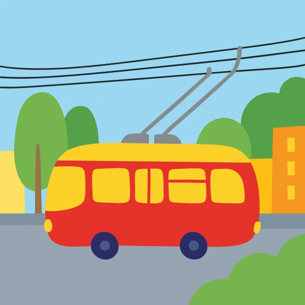Trolleybus in sun yellow, orange, and sky blue under wires, with light blue sky and gray ground.
