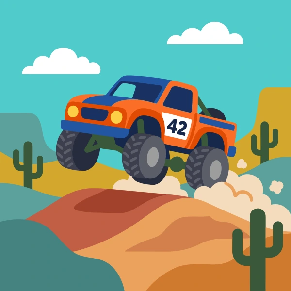 Trophy truck over jump, colored charcoal, navy blue, and brown, with turquoise above and forest green below.