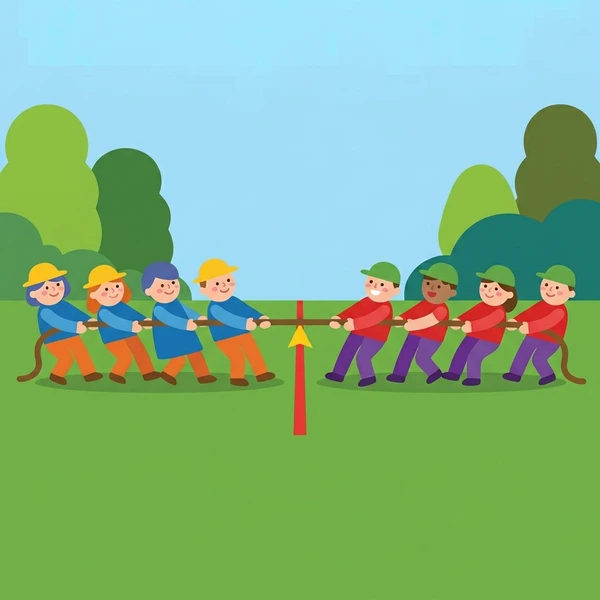 Eight children in blue and red shirts pulling opposite ends of a thick orange rope on a green grass field with trees