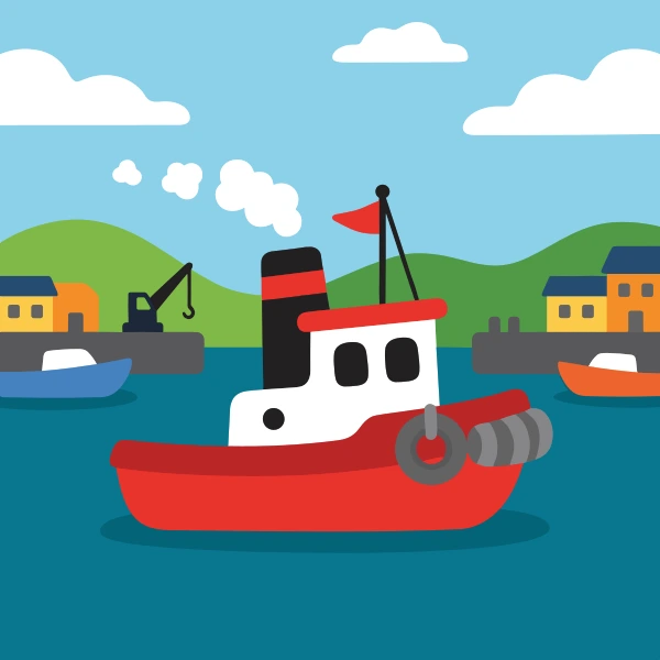 Forest green, charcoal, and grass green tugboat on blue harbor water with docks, boats, cranes, or shoreline buildings.