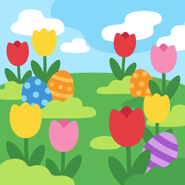 Bright field of red yellow and pink tulips with polka dot and striped decorated Easter eggs under blue sky with clouds