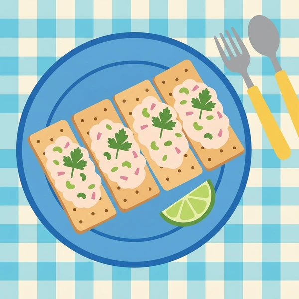 Tuna Salad On Crackers scene showing tuna salad, tuna mayo cream, crackers, celery fleck, herb, and plate in a food coloring puzzle