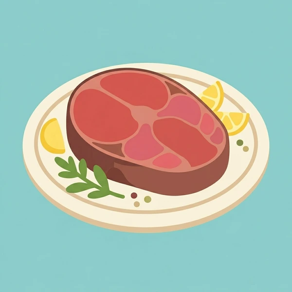 Tuna Steak On Platter scene showing seared tuna steak, dark crust exterior, vivid pink-red interior, sesame crust, and platter in a food coloring puzzle