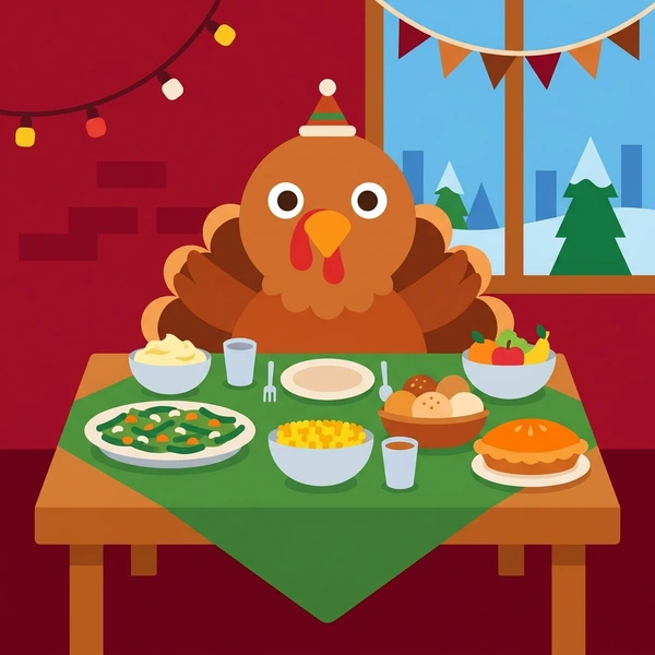 Turkey At Holiday Dinner scene showing whole roast turkey, golden skin, herb glaze, cranberry dish, and holiday dinner table in a food coloring puzzle