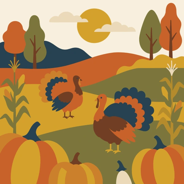 Two turkeys in an autumn harvest field with pumpkins, corn stalks, rolling golden hills, and autumn trees under a warm sun