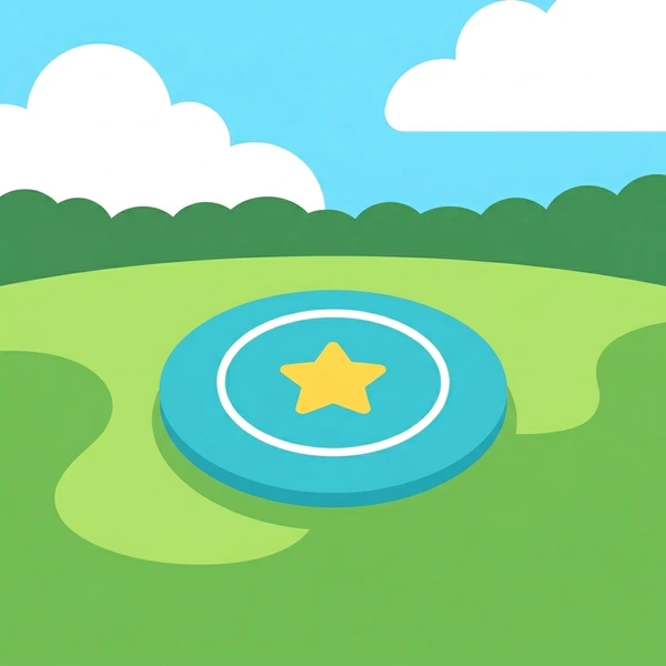 Light blue frisbee disc flying above an open green grass field framed by dark green trees against a blue sky
