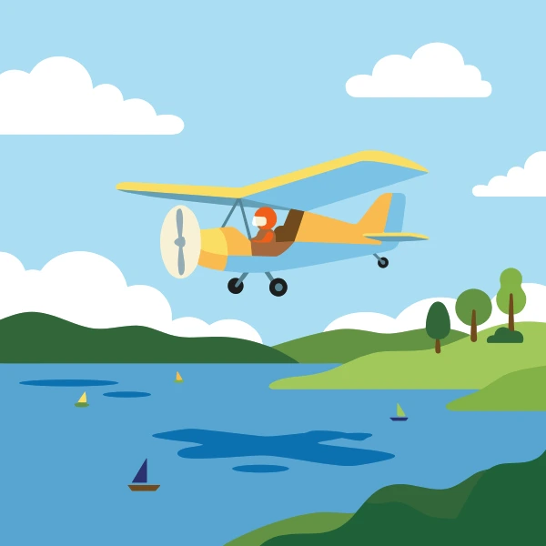 Sky blue, gray, and forest green ultralight aircraft floating on calm blue water with soft hills, trees, and light clouds behind.
