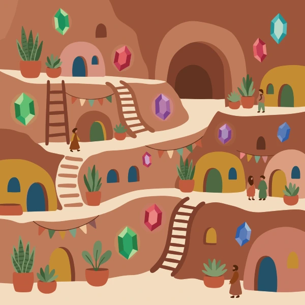 Multi-level cave village with glowing gems ladders colorful banners and people on walkways