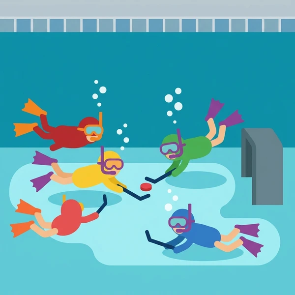 Multiple scuba divers in red yellow and purple wetsuits playing underwater hockey with sticks and puck in a turquoise competition pool