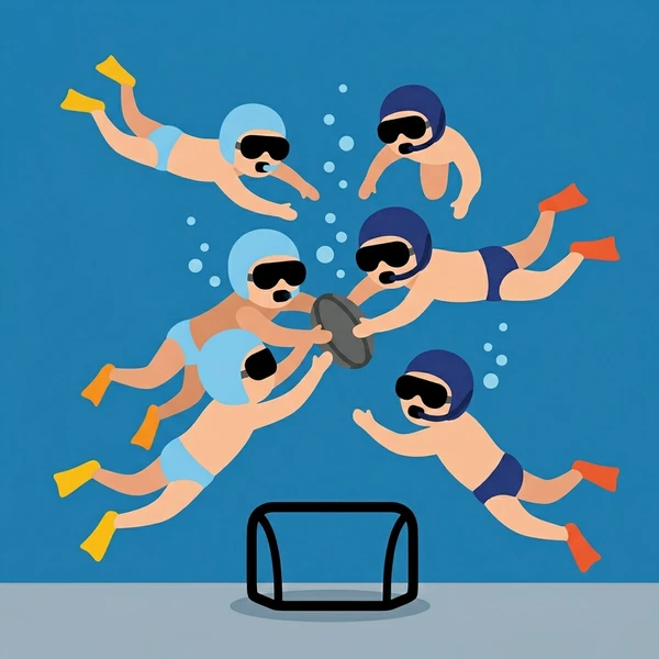 Six scuba divers in yellow red and orange fins and wetsuits competing for a ball in underwater rugby in deep blue pool water