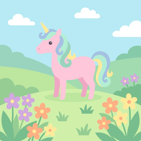 Pink unicorn with a rainbow colored mane standing in a green meadow full of flowers
