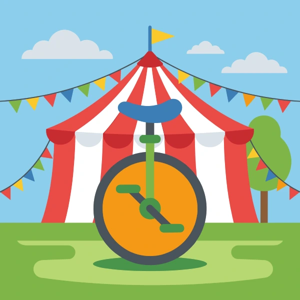 Red, white, and orange unicycle surrounded by bunting, crowds, tents, animals, or bright signs.