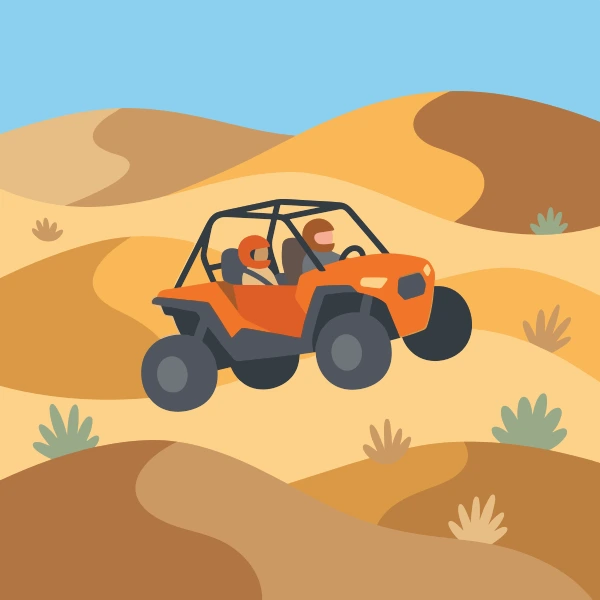 Sun yellow, sand beige, and orange utility terrain vehicle crossing sandy ground with dunes, warm hills, cacti, or a bright sun.