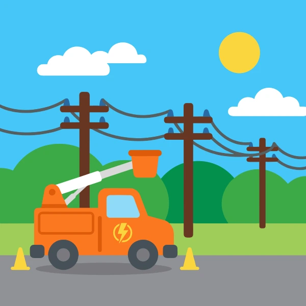 Orange utility truck with a lightning bolt logo and an extended cherry picker bucket arm working beside tall brown wooden power poles with grey cables, orange traffic cones, green hills, and a yellow sun.