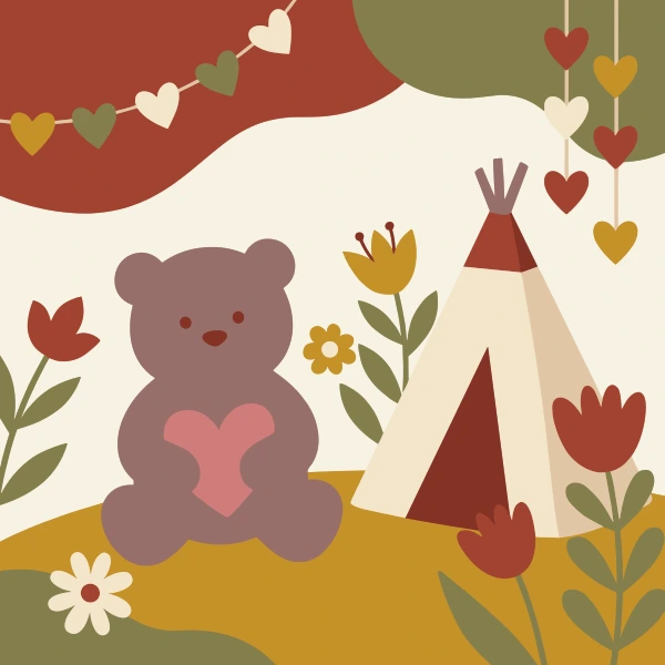 Purple teddy bear holding a pink heart next to a teepee tent with heart garland and flowers in boho style