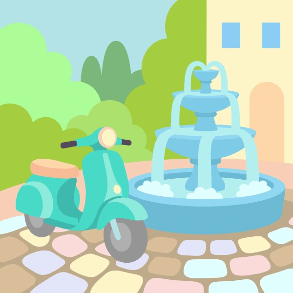 Grass green, light gray, and sky blue vespa-style scooter in front of colorful buildings, storefronts, signs, and clean pavement.