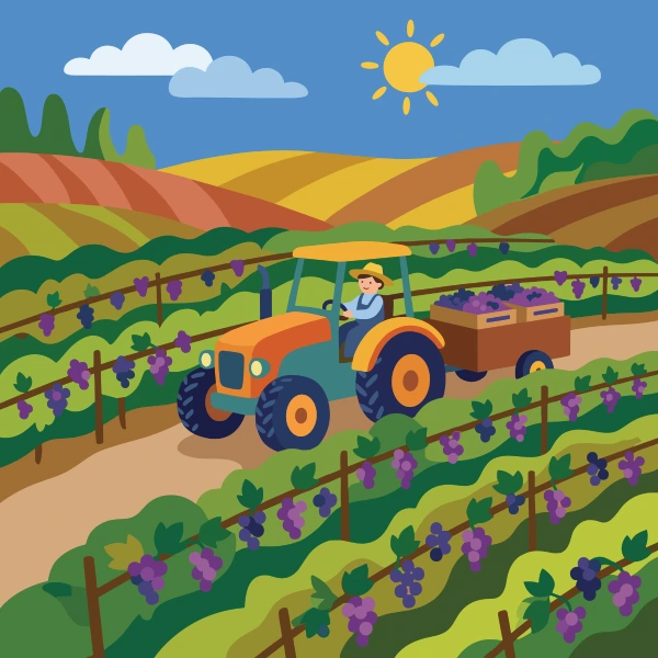 Olive green, brown, and mustard yellow vineyard tractor in fields with barns, crop rows, hay bales, or farm animals under a bright sky.