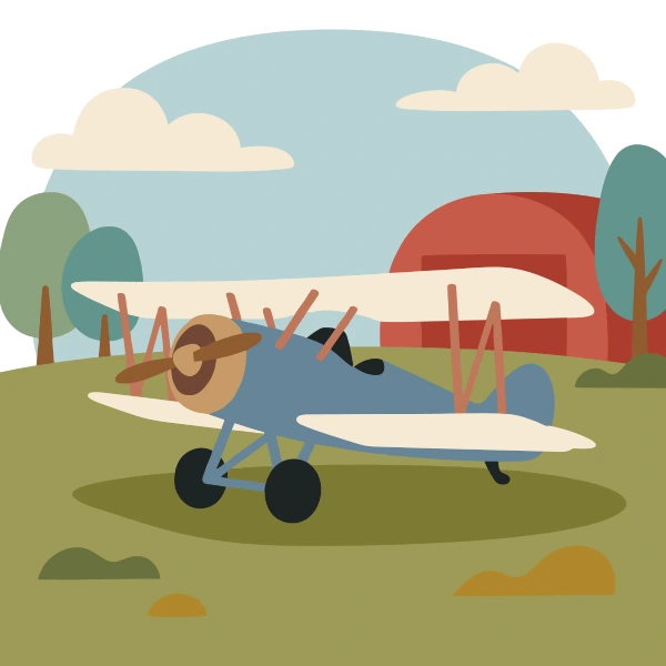 Red, gray, and mint green vintage airplane in fields with barns, crop rows, hay bales, or farm animals under a bright sky.