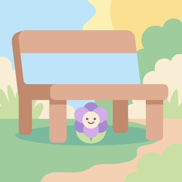Smiling cartoon violet flower with purple petals and cream center growing under a wooden garden bench in bright sunshine with green hedges