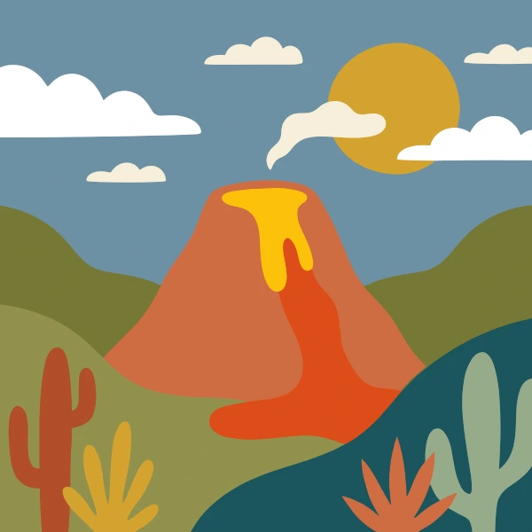 Active volcano with glowing orange lava flowing down its slopes into a green valley with cacti under cloudy skies