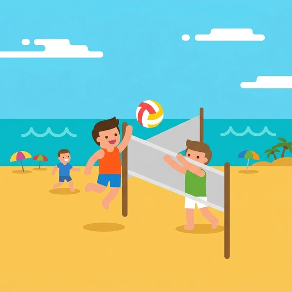 Children and adults playing beach volleyball on tan sand with a red and white net ocean in background and colorful beach umbrellas