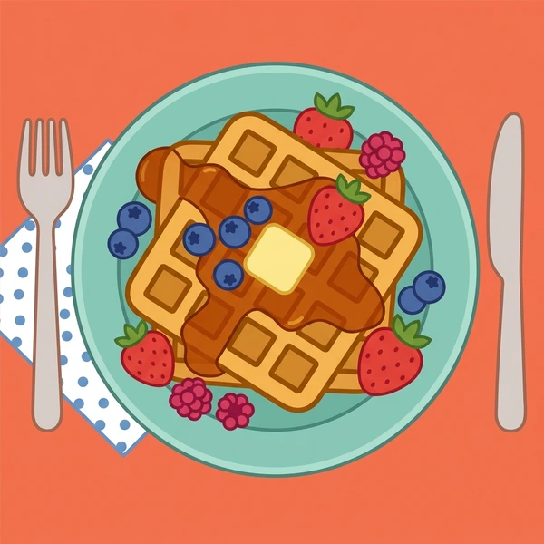 Waffles With Berries scene showing waffles, golden grid surface, fresh berries, maple syrup, butter, and breakfast plate in a food coloring puzzle