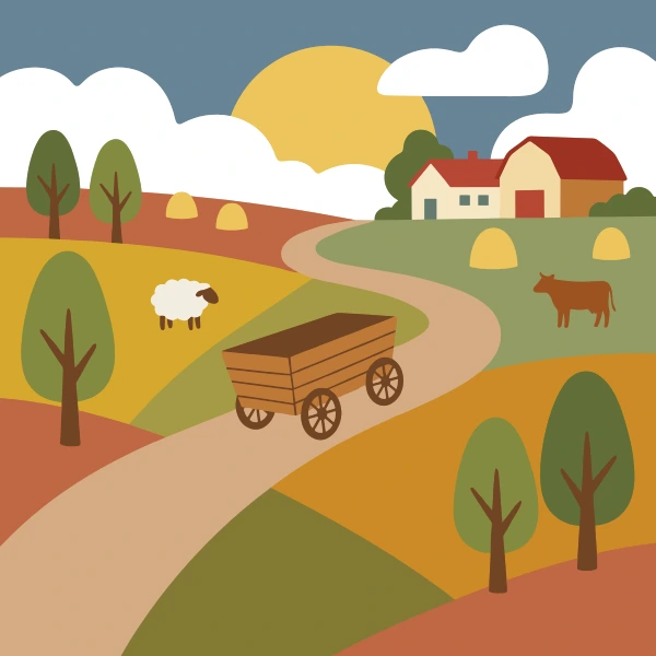 Mustard yellow, brown, and orange wagon in fields with barns, crop rows, hay bales, or farm animals under a bright sky.