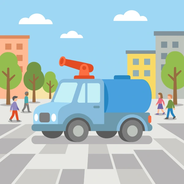 Sky blue, gray, and turquoise water cannon vehicle in front of colorful buildings, storefronts, signs, and clean pavement.