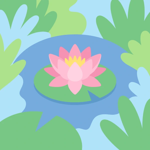 Single pink lotus water lily with yellow stamens resting on a round green lily pad in a calm blue pond surrounded by large floating green leaves