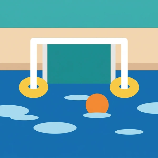 White-framed water polo goal with yellow floats in dark blue competition pool water with light blue highlights