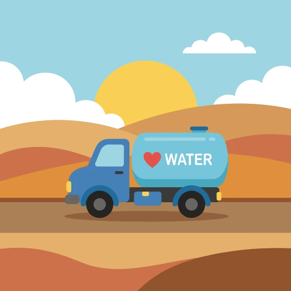 Sun yellow, tan, and deep blue water tanker crossing sandy ground with dunes, warm hills, cacti, or a bright sun.