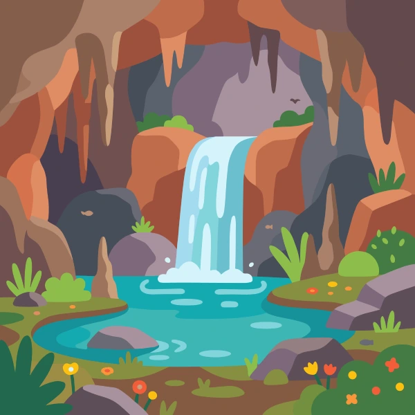 Hidden waterfall cascading inside a rocky cavern with stalactites, colorful plants, and a crystal blue pool