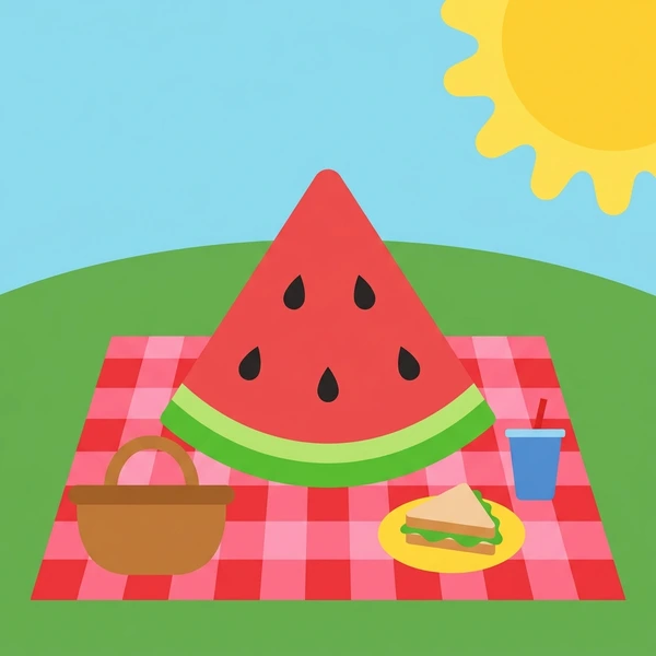 Watermelon At Summer Picnic scene showing watermelon slice, vivid red flesh, black seeds, white rind ring, green skin, and summer picnic in a food coloring puzzle