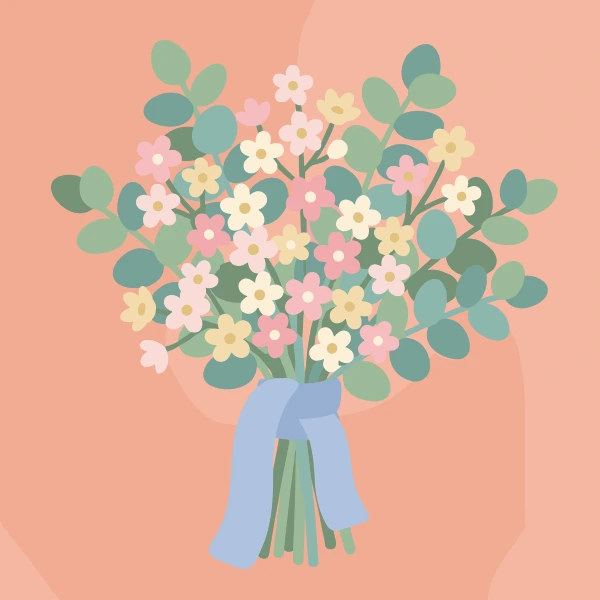 Round bridal bouquet of small pink and white wax flowers mixed with round eucalyptus leaves tied with a pale blue ribbon on a soft peach background