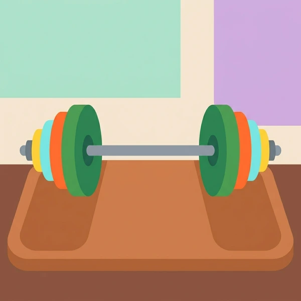 Gray metal weightlifting barbell with green and orange weight plates on a brown elevated competition platform