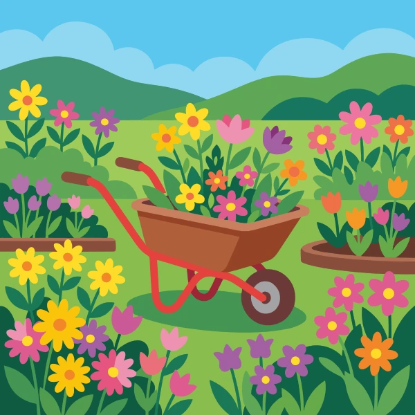 Wheelbarrow in flower garden with brown and leaf green body tones, red accents, and turquoise background.