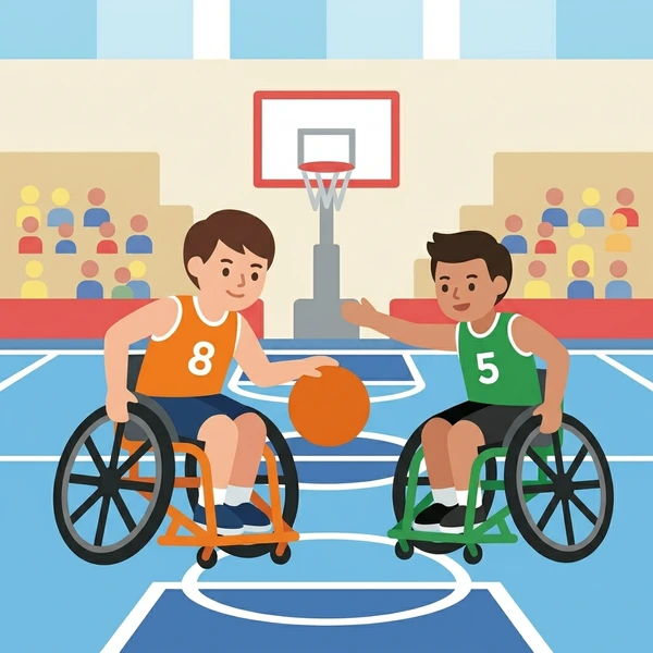 Two wheelchair basketball players in orange and green jerseys competing for an orange ball on a blue court with spectators