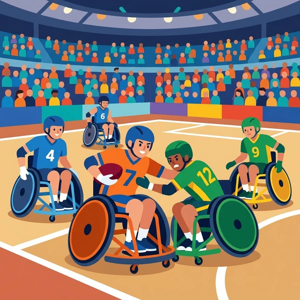 Four wheelchair rugby athletes in orange blue green and red jerseys competing on a brown court in a colorful indoor arena