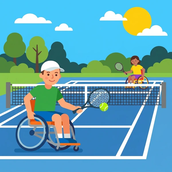 Wheelchair tennis player in green shirt and orange shorts competing on a blue court with white net and green trees under a yellow sun